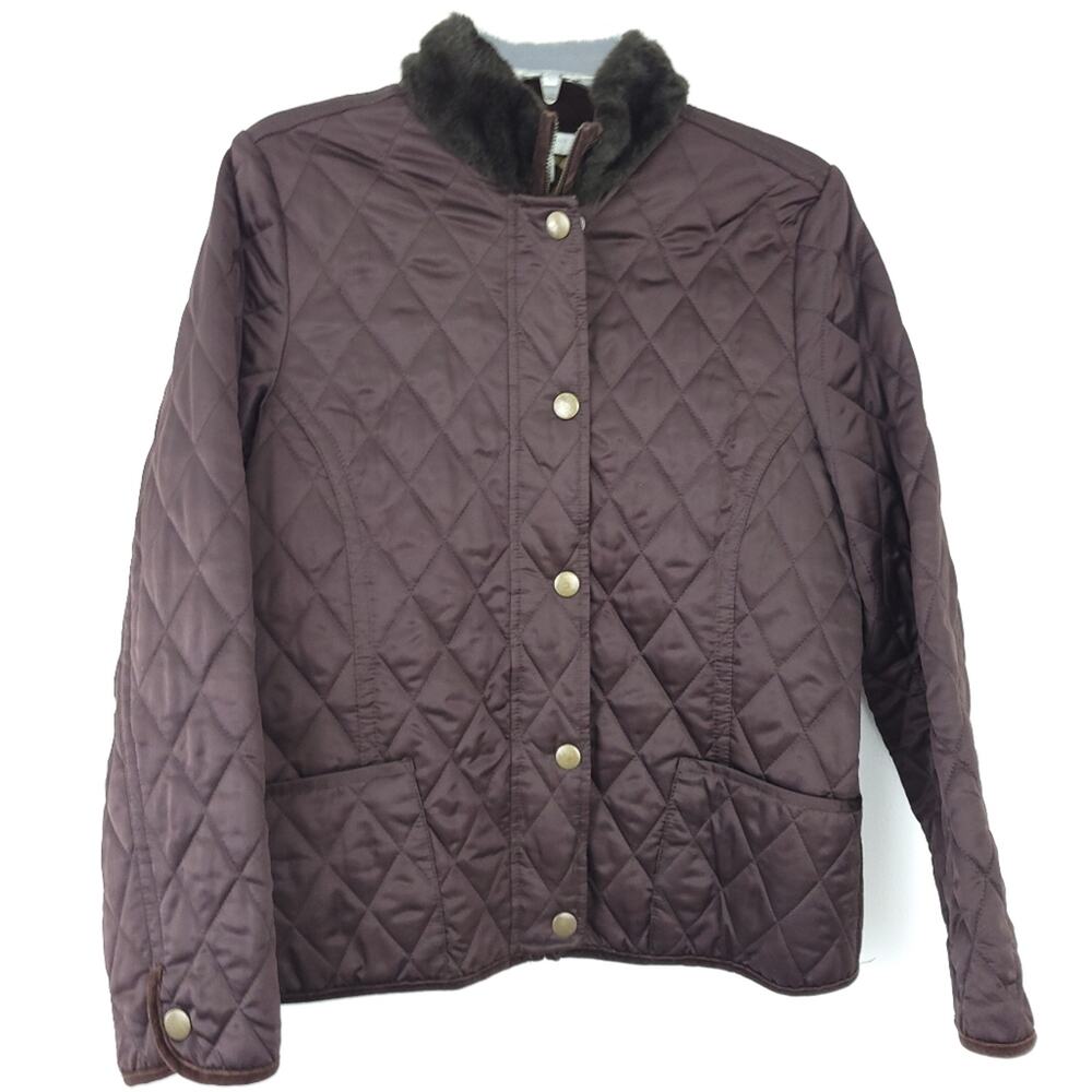 Charter Club Barn Coat Quilted Petite Small Brown Faux Fur Collar Jacket Casual